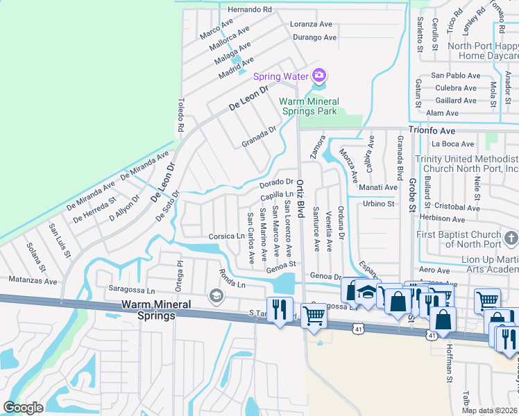 map of restaurants, bars, coffee shops, grocery stores, and more near 329 San Carlos Avenue in North Port