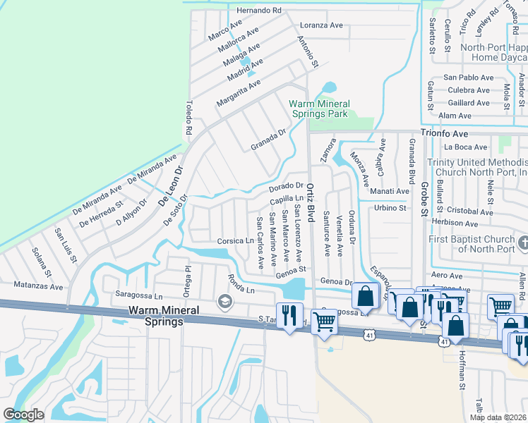 map of restaurants, bars, coffee shops, grocery stores, and more near 329 San Carlos Avenue in North Port