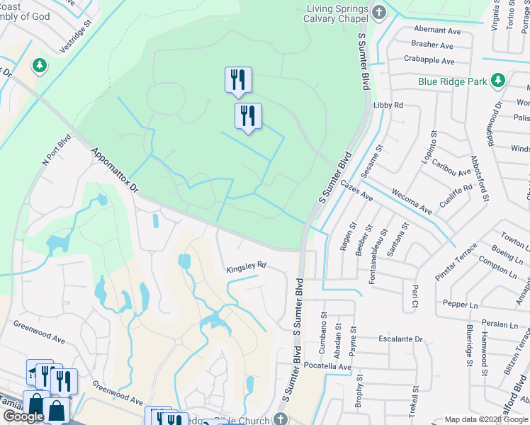 map of restaurants, bars, coffee shops, grocery stores, and more near 3936 Whispering Oaks Drive in North Port