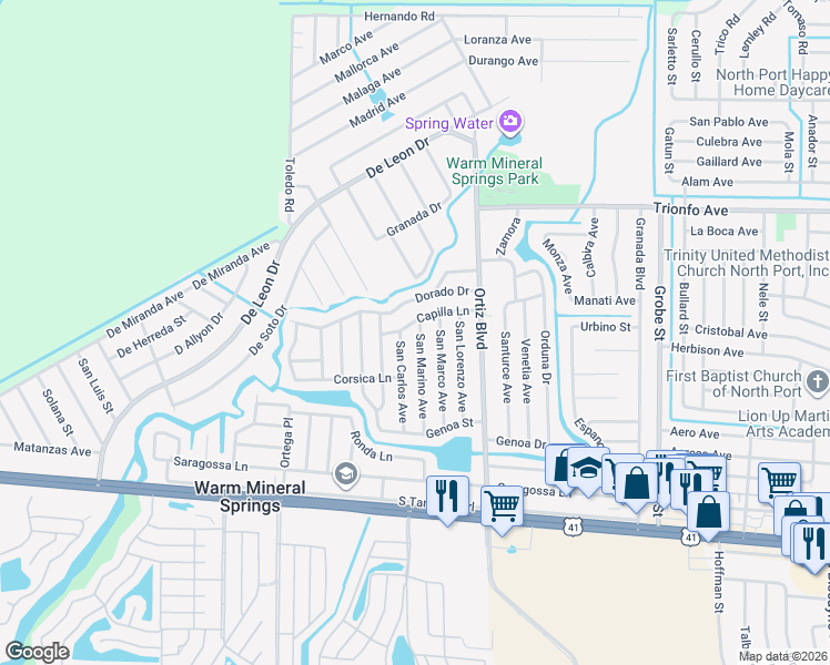 map of restaurants, bars, coffee shops, grocery stores, and more near 329 San Carlos Avenue in North Port