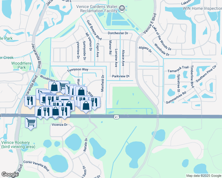map of restaurants, bars, coffee shops, grocery stores, and more near 177 Golf Club Lane in Venice