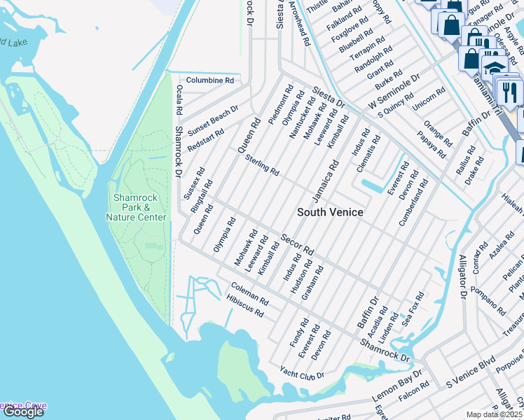 map of restaurants, bars, coffee shops, grocery stores, and more near 3781 Secor Road in Venice