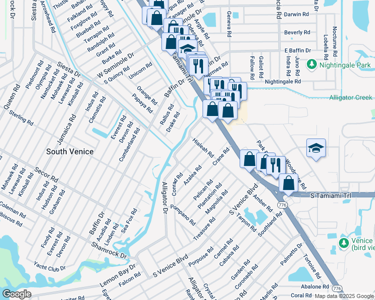 map of restaurants, bars, coffee shops, grocery stores, and more near 325 Alligator Drive in Venice