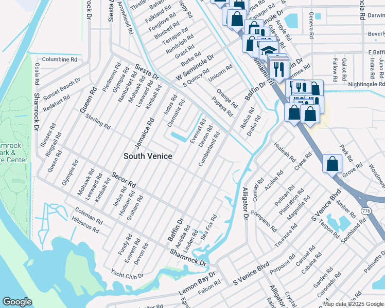 map of restaurants, bars, coffee shops, grocery stores, and more near 713 Everest Road in Venice