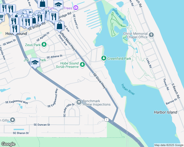 map of restaurants, bars, coffee shops, grocery stores, and more near 12330 Southeast Dixie Highway in Hobe Sound