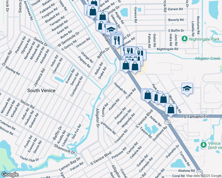 map of restaurants, bars, coffee shops, grocery stores, and more near 325 Alligator Drive in Venice