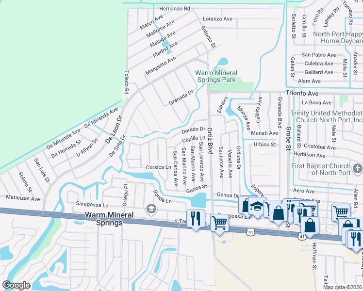 map of restaurants, bars, coffee shops, grocery stores, and more near 332 San Marino Avenue in North Port