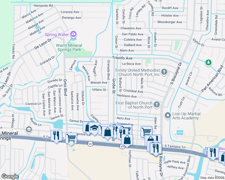 map of restaurants, bars, coffee shops, grocery stores, and more near 402 Granada Boulevard in North Port