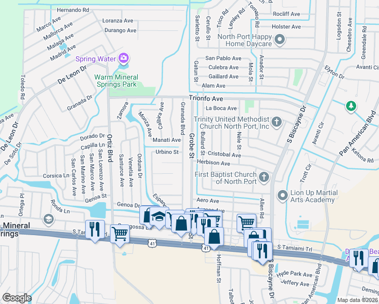 map of restaurants, bars, coffee shops, grocery stores, and more near 402 Granada Boulevard in North Port