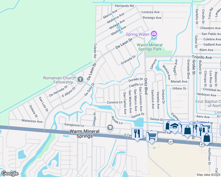 map of restaurants, bars, coffee shops, grocery stores, and more near 12046 Dorado Drive in North Port