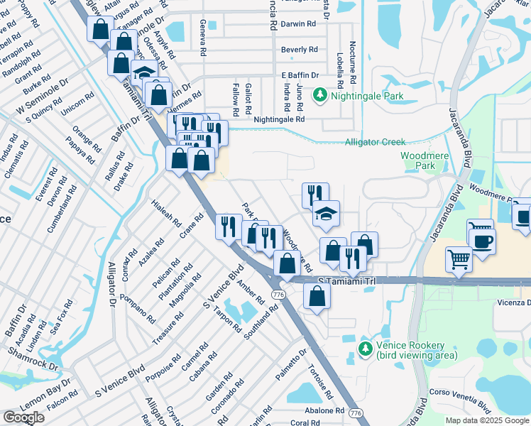 map of restaurants, bars, coffee shops, grocery stores, and more near 2202 Woodmere Road in Venice