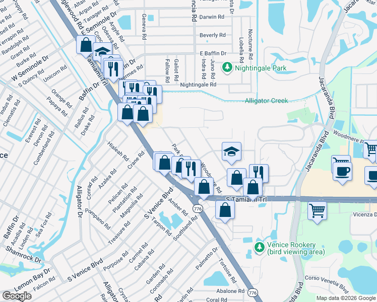map of restaurants, bars, coffee shops, grocery stores, and more near 2202 Woodmere Road in Venice