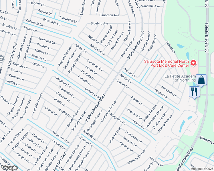 map of restaurants, bars, coffee shops, grocery stores, and more near 2663 South Chamberlain Boulevard in North Port