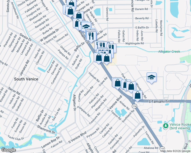 map of restaurants, bars, coffee shops, grocery stores, and more near 3651 Hialeah Road in Venice