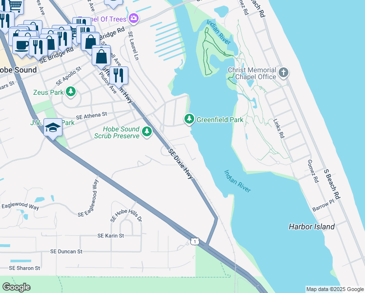 map of restaurants, bars, coffee shops, grocery stores, and more near 12331 Indian River Avenue South in Hobe Sound
