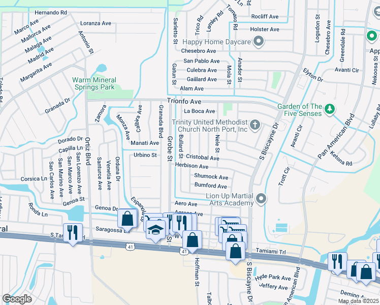 map of restaurants, bars, coffee shops, grocery stores, and more near 4826 Chicopa Street in North Port