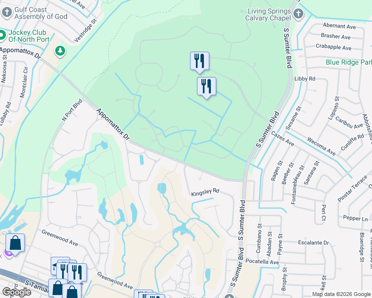 map of restaurants, bars, coffee shops, grocery stores, and more near 4217 Whispering Oaks Drive in North Port