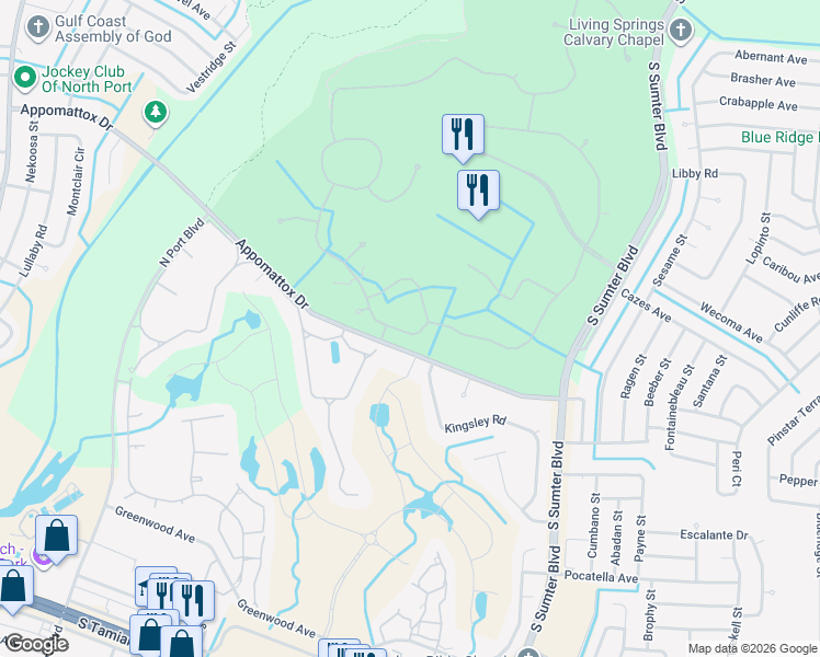 map of restaurants, bars, coffee shops, grocery stores, and more near 4952 Whispering Oaks Drive in North Port