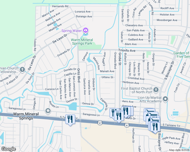map of restaurants, bars, coffee shops, grocery stores, and more near 402 Monza Avenue in North Port