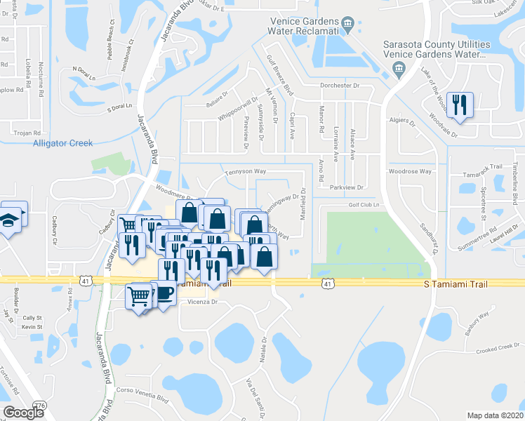 map of restaurants, bars, coffee shops, grocery stores, and more near 4118 Hemingway Drive in Venice