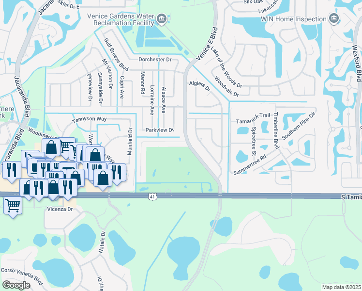 map of restaurants, bars, coffee shops, grocery stores, and more near 105 Golf Club Lane in Venice