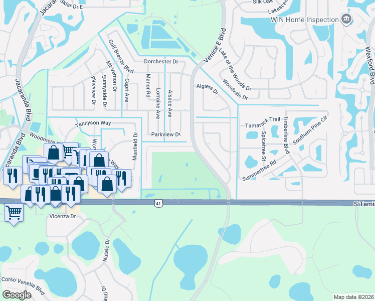 map of restaurants, bars, coffee shops, grocery stores, and more near 105 Golf Club Lane in Venice