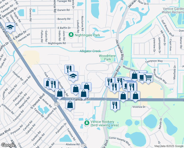 map of restaurants, bars, coffee shops, grocery stores, and more near 3730 Cadbury Circle in Venice