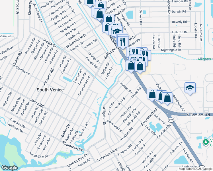 map of restaurants, bars, coffee shops, grocery stores, and more near 3636 Roslyn Road in Venice