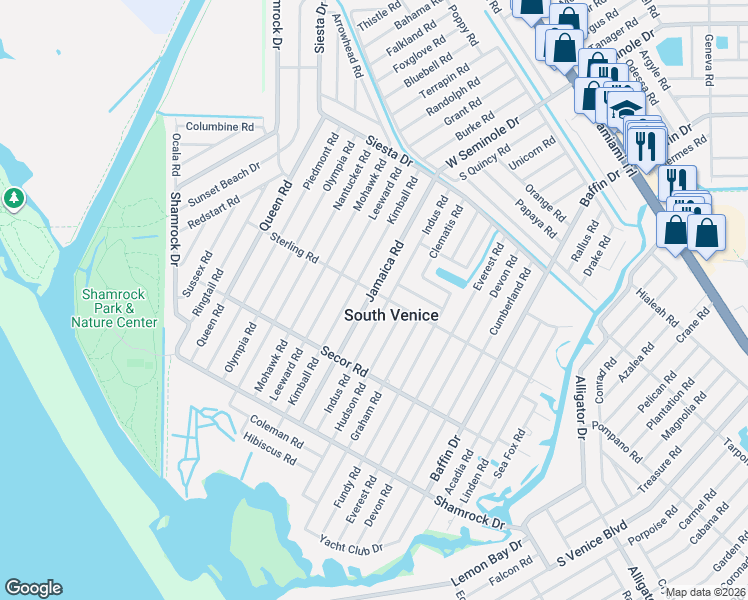map of restaurants, bars, coffee shops, grocery stores, and more near in South Venice