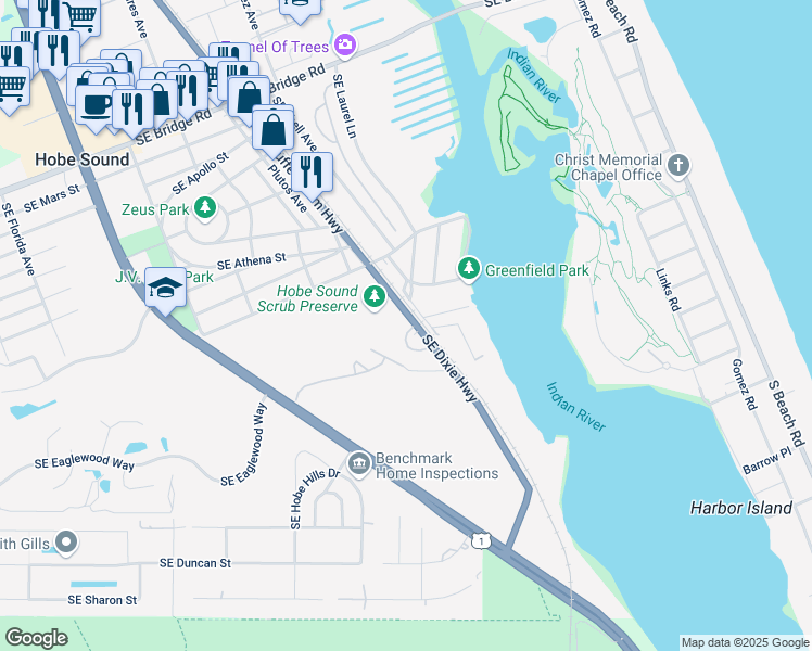 map of restaurants, bars, coffee shops, grocery stores, and more near 12330 Southeast Dixie Highway in Hobe Sound