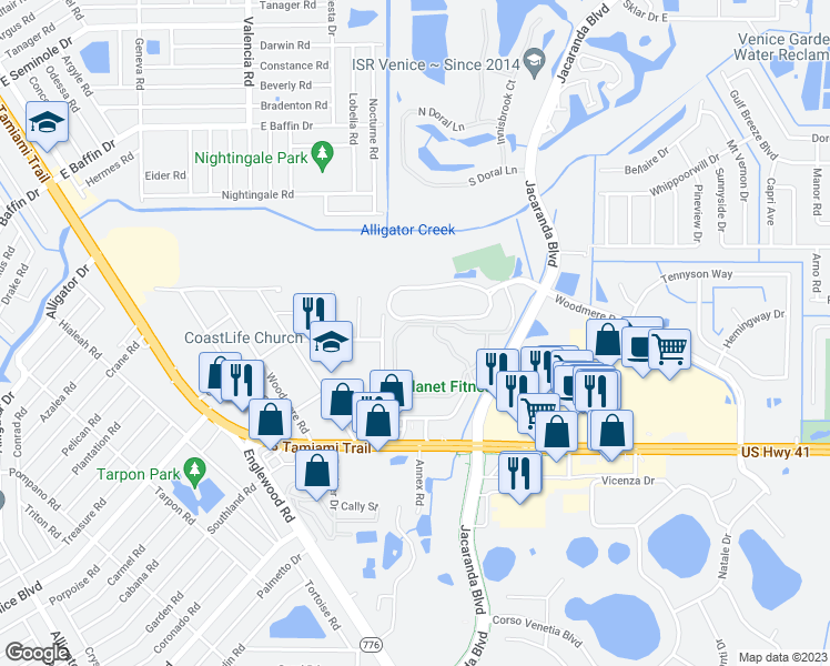 map of restaurants, bars, coffee shops, grocery stores, and more near 3730 Cadbury Circle in Venice