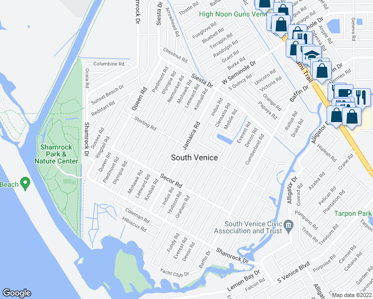 map of restaurants, bars, coffee shops, grocery stores, and more near in South Venice