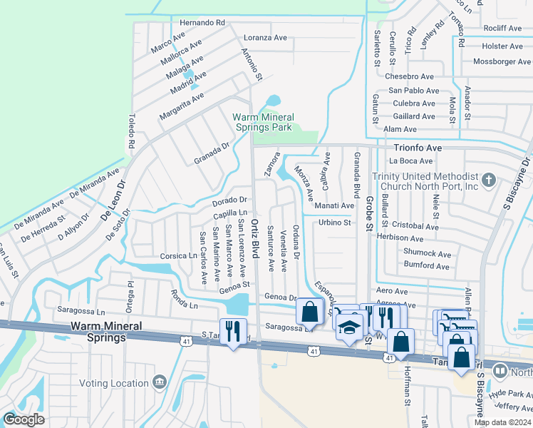 map of restaurants, bars, coffee shops, grocery stores, and more near 336 Santurce Avenue in North Port