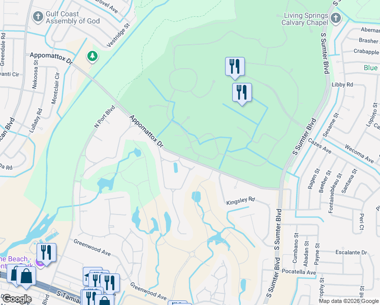 map of restaurants, bars, coffee shops, grocery stores, and more near 5599 Hidden Oak Court in North Port