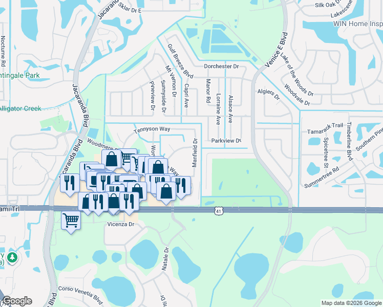 map of restaurants, bars, coffee shops, grocery stores, and more near 4139 Hemingway Drive in Venice
