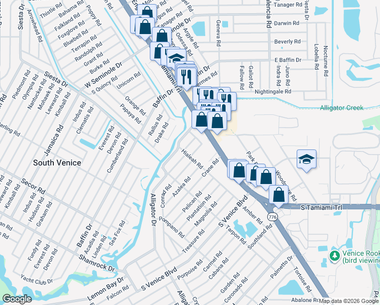 map of restaurants, bars, coffee shops, grocery stores, and more near 3651 Hialeah Road in Venice