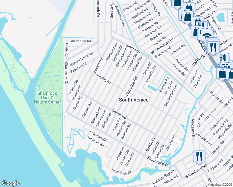 map of restaurants, bars, coffee shops, grocery stores, and more near 1125 Leeward Road in Venice
