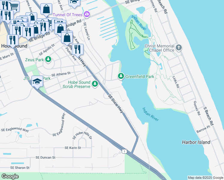 map of restaurants, bars, coffee shops, grocery stores, and more near 9758 Southeast Cowles Street in Hobe Sound
