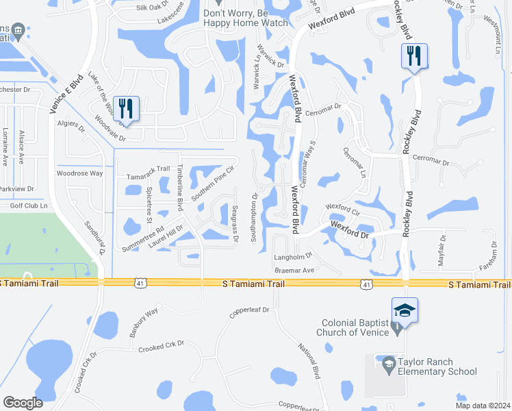 map of restaurants, bars, coffee shops, grocery stores, and more near 226 Southampton Drive in Venice