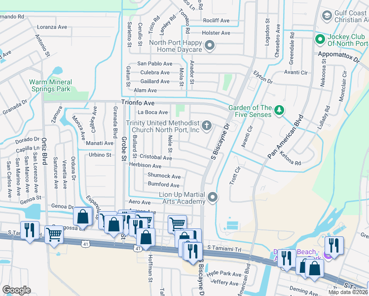 map of restaurants, bars, coffee shops, grocery stores, and more near 8270 Cascadas Avenue in North Port