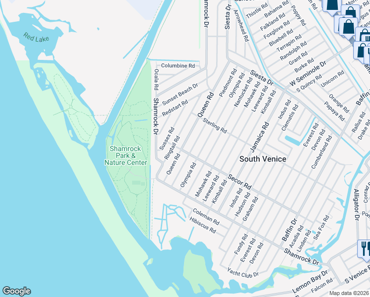 map of restaurants, bars, coffee shops, grocery stores, and more near 1395 Queen Road in Venice