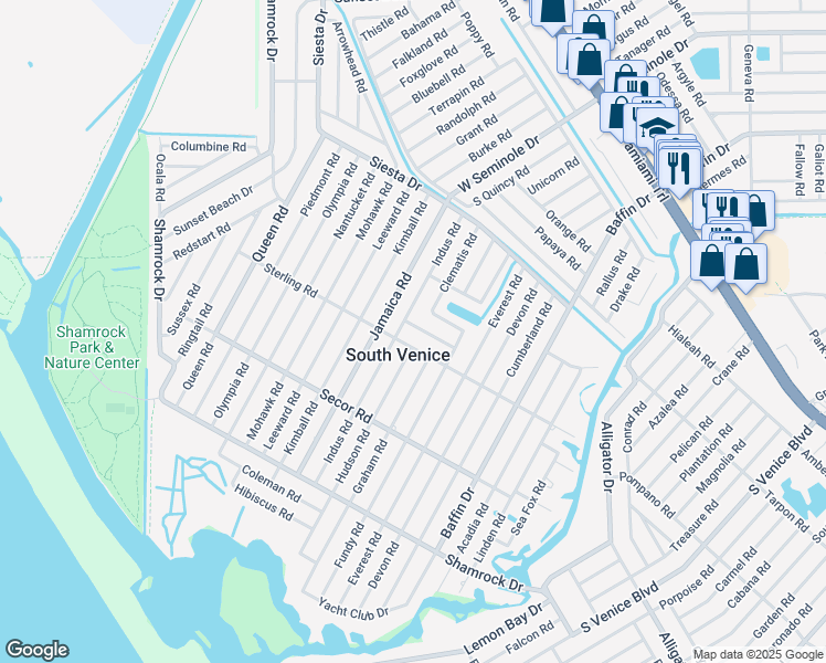 map of restaurants, bars, coffee shops, grocery stores, and more near 3616 Pine Road in Venice