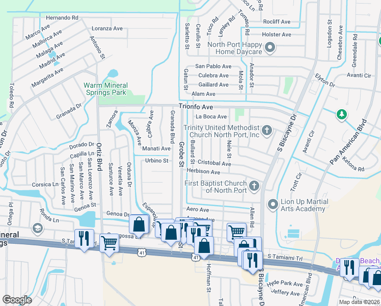 map of restaurants, bars, coffee shops, grocery stores, and more near 4739 Bullard Street in North Port