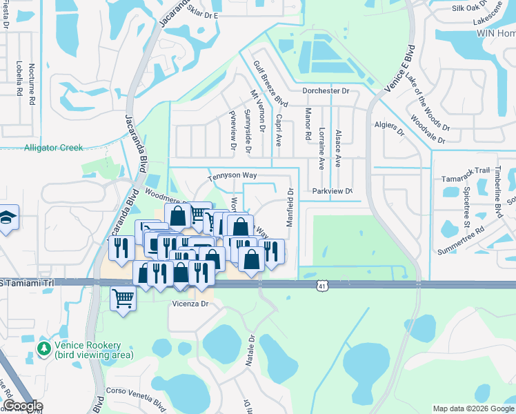 map of restaurants, bars, coffee shops, grocery stores, and more near 4118 Hemingway Drive in Venice
