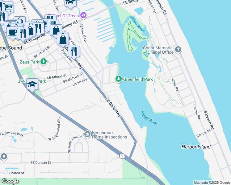 map of restaurants, bars, coffee shops, grocery stores, and more near 9758 Southeast Cowles Street in Hobe Sound