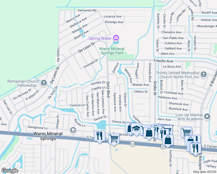 map of restaurants, bars, coffee shops, grocery stores, and more near 407 Ortiz Boulevard in North Port