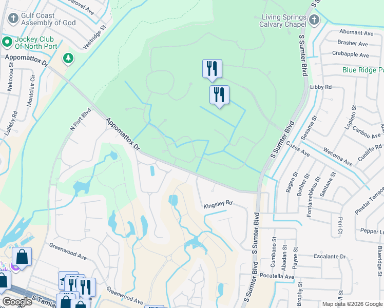 map of restaurants, bars, coffee shops, grocery stores, and more near 4952 Whispering Oaks Drive in North Port