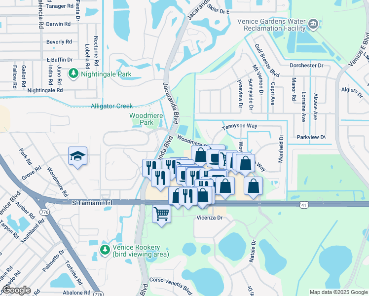 map of restaurants, bars, coffee shops, grocery stores, and more near 4140 Woodmere Park Boulevard in Venice