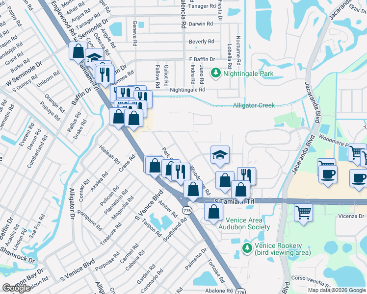 map of restaurants, bars, coffee shops, grocery stores, and more near 2202 Woodmere Road in Venice