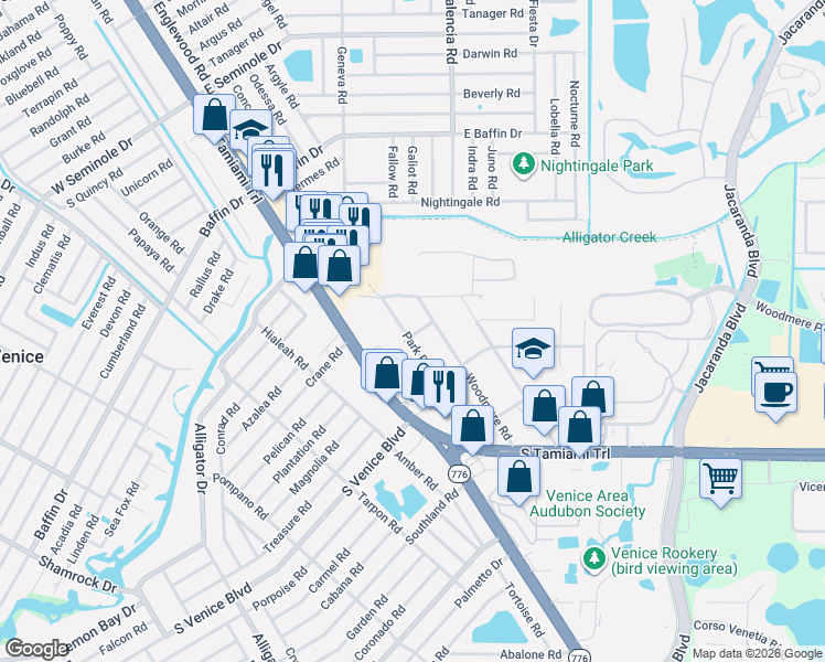 map of restaurants, bars, coffee shops, grocery stores, and more near 2190 Park Road in Venice